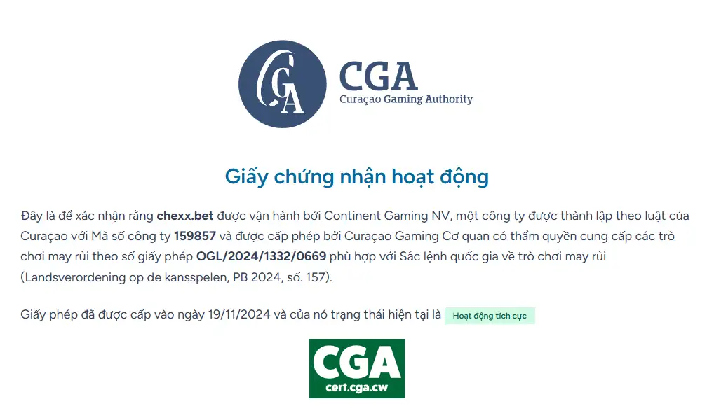 Certificate giấy phép CHEXX trên cổng Curaçao Gaming Authority