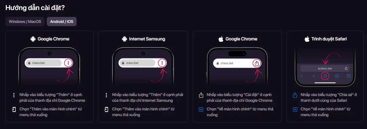 Trang PWA chính thức của CHEXX với hướng dẫn cài trên thiết bị