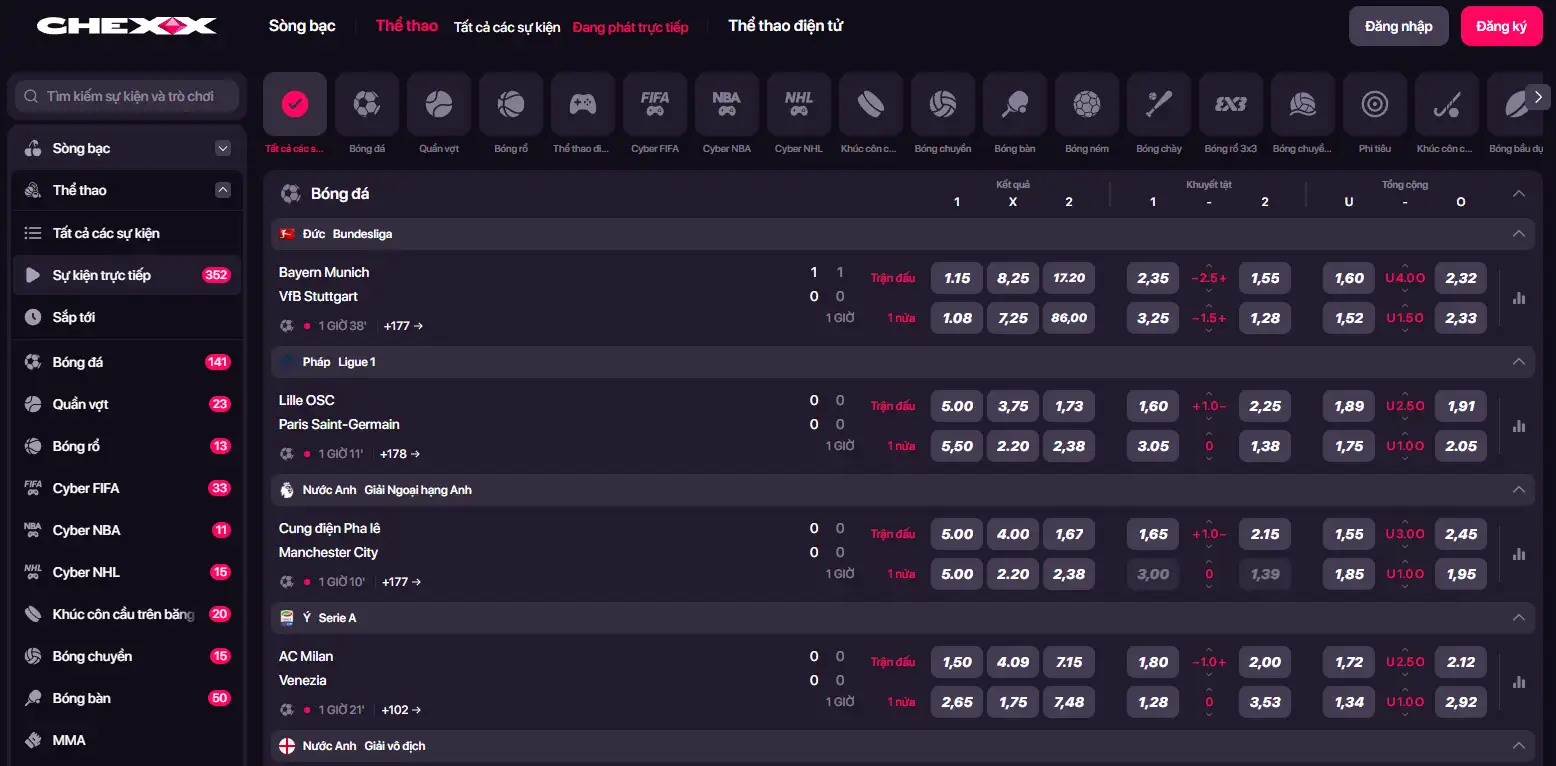 Giao diện sportsbook và esports của CHEXX
