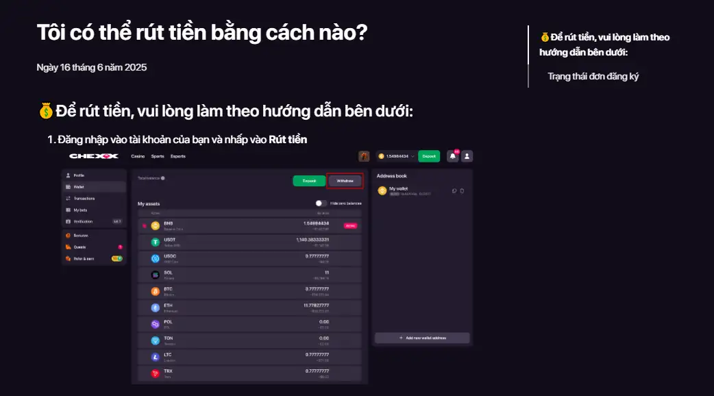 Ảnh chụp bài hướng dẫn chính thức của CHEXX về withdrawal chưa tới ví