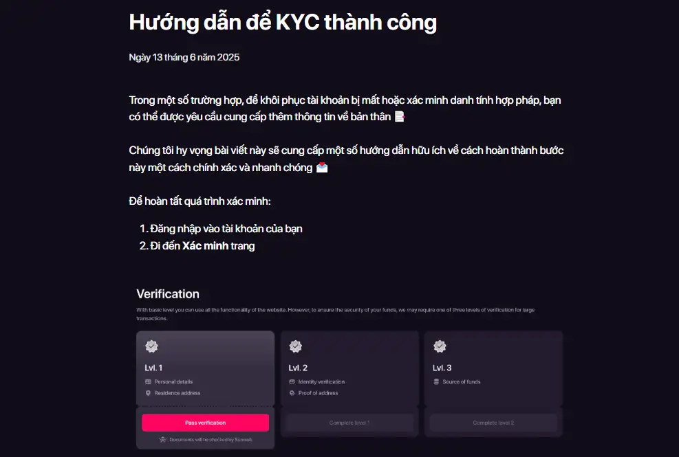 Trang hoặc mục Verification KYC thật của CHEXX Help Center