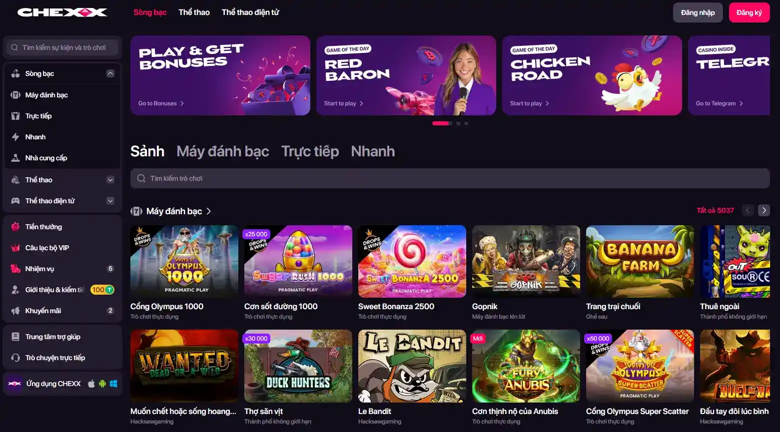 Ảnh chụp giao diện catalog casino CHEXX với các nhóm game và bộ lọc provider