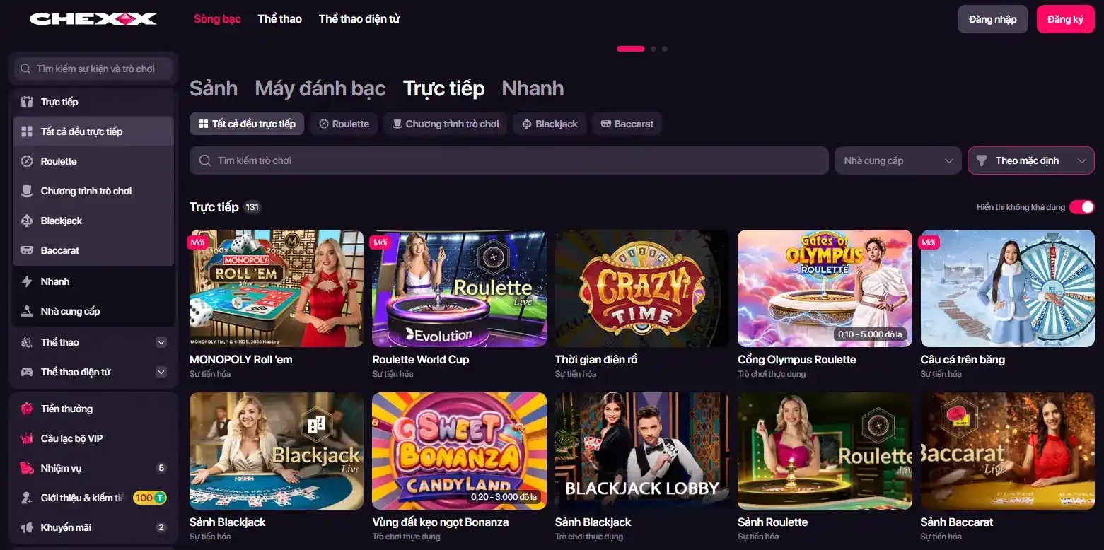 Ảnh chụp giao diện Live Casino CHEXX với các nhóm bàn hiện hành