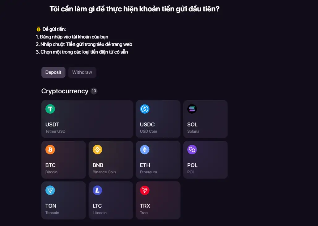 Ảnh chụp hướng dẫn hoặc giao diện Deposit CHEXX với lựa chọn cryptocurrency và network