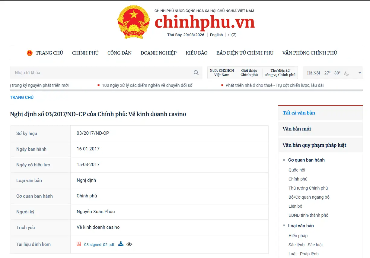 Văn bản pháp luật Việt Nam về hoạt động kinh doanh casino
